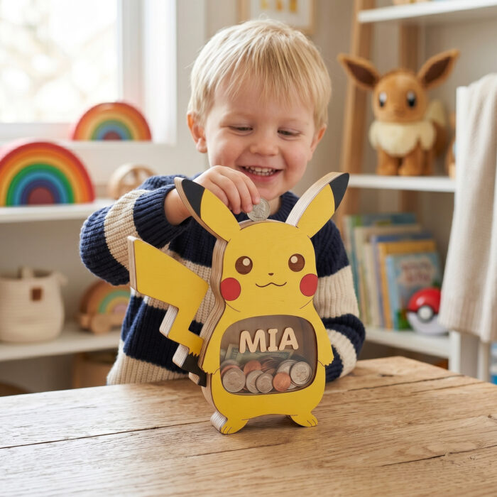 Personalized Pikachu Piggy Bank for Kids - Custom Wooden Coin Bank with Clear Window - Personalized Birthday Gift - Image 4