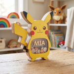 Personalized Pikachu Piggy Bank for Kids - Custom Wooden Coin Bank with Clear Window - Personalized Birthday Gift