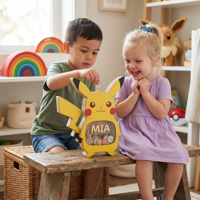 Personalized Pikachu Piggy Bank for Kids - Custom Wooden Coin Bank with Clear Window - Personalized Birthday Gift - Image 2