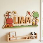 3D Layered Wood Name Sign | Personalized Peanuts Snoopy Nursery Decor 2 | Custom Kids Room Wooden Wall Art