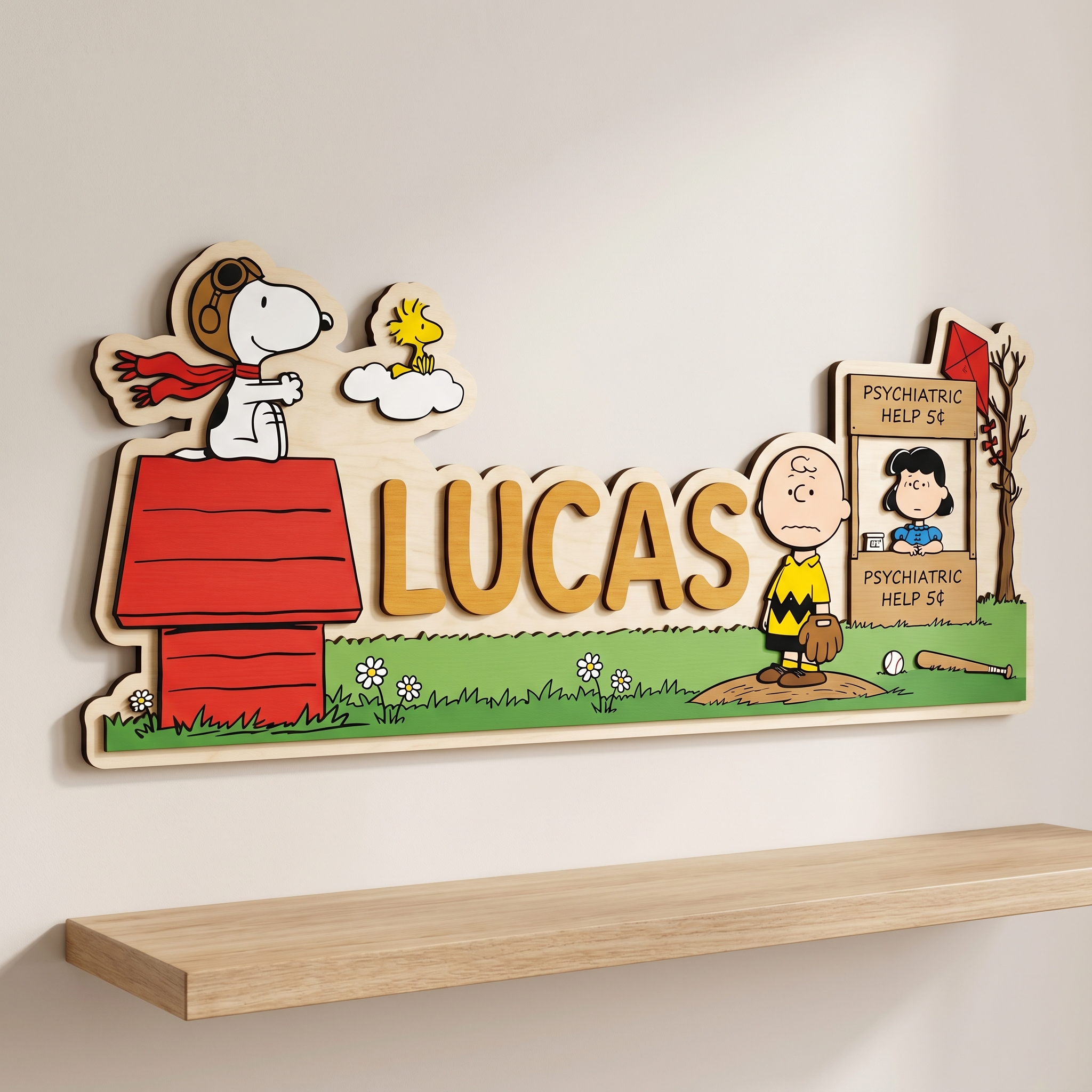 A_2-layer_laser-cut_wooden_name_202605302220 3D Layered Wood Name Sign | Personalized Peanuts Snoopy Nursery Decor 3 | Custom Kids Room Wooden Wall Art - Image 1