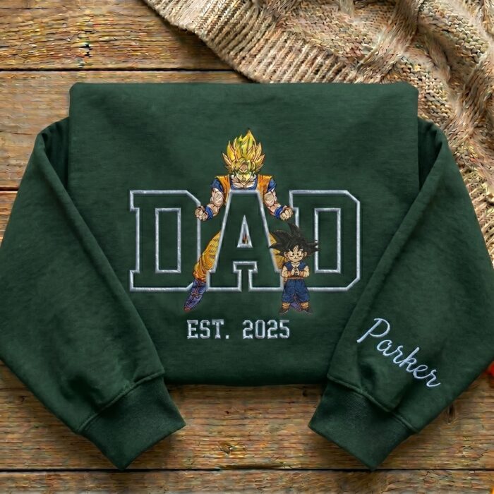 Custom Super Saiyan Dad Shirt, Sweatshirt, Hoodie - Personalized Embroidered Goku & Goten Sweatshirt - Father's Day Gift - Image 3