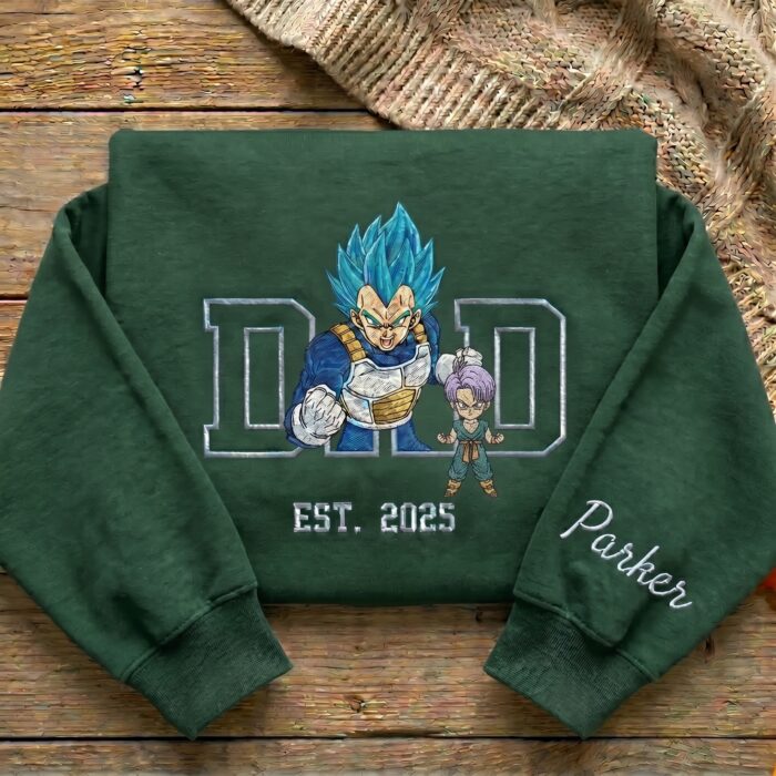 Embroidered Anime Dad Shirt, Sweatshirt, Hoodie – Super Saiyan Blue Vegeta Trunk Style Father & Son | Personalized Name & Year - Image 4