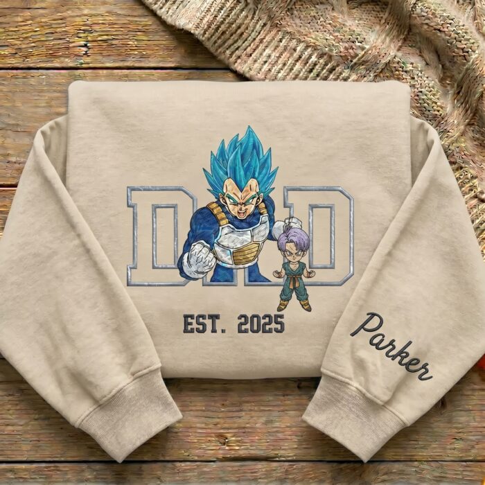 Embroidered Anime Dad Shirt, Sweatshirt, Hoodie – Super Saiyan Blue Vegeta Trunk Style Father & Son | Personalized Name & Year - Image 3