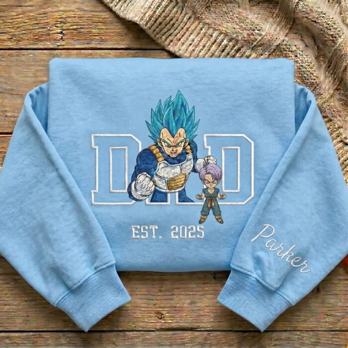 Embroidered Anime Dad Shirt, Sweatshirt, Hoodie – Super Saiyan Blue Vegeta Trunk Style Father & Son | Personalized Name & Year - Image 5