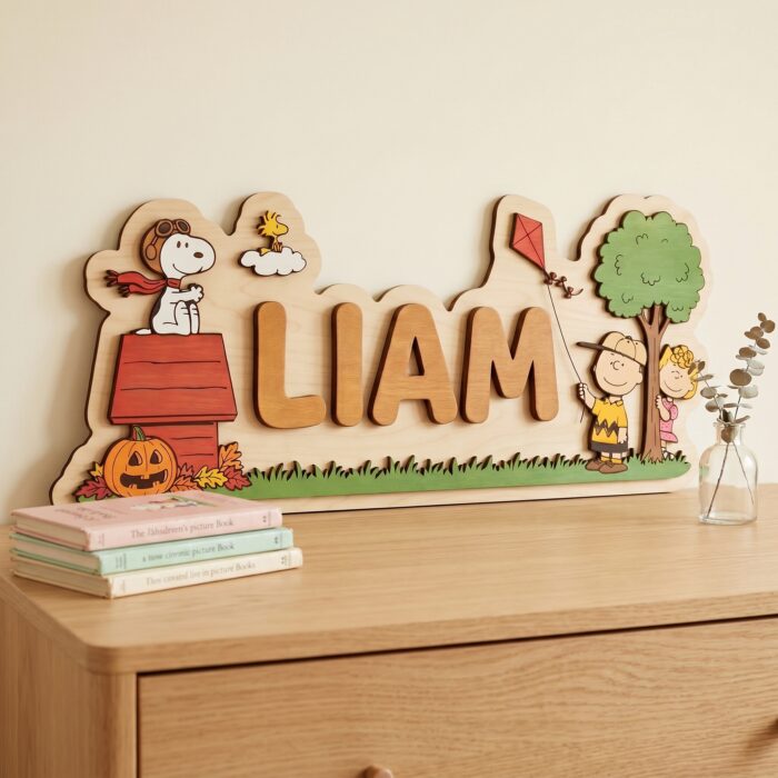 3D Layered Wood Name Sign | Personalized Peanuts Snoopy Nursery Decor 2 | Custom Kids Room Wooden Wall Art - Image 2