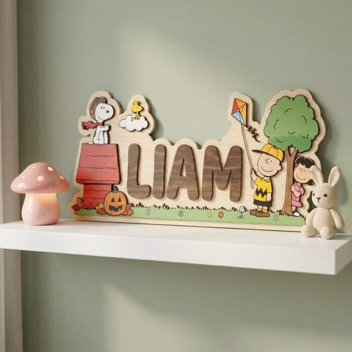 3D Layered Wood Name Sign | Personalized Peanuts Snoopy Nursery Decor | Custom Kids Room Wooden Wall Art - Image 3
