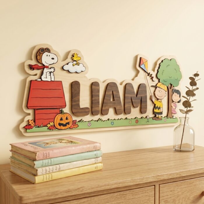 3D Layered Wood Name Sign | Personalized Peanuts Snoopy Nursery Decor | Custom Kids Room Wooden Wall Art - Image 8