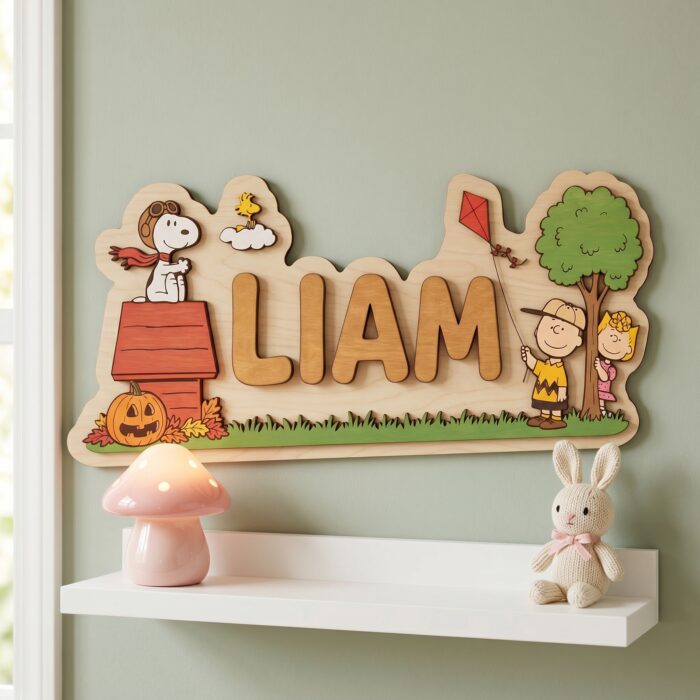 3D Layered Wood Name Sign | Personalized Peanuts Snoopy Nursery Decor 2 | Custom Kids Room Wooden Wall Art - Image 3