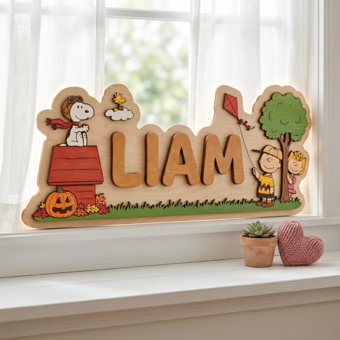 3D Layered Wood Name Sign | Personalized Peanuts Snoopy Nursery Decor 2 | Custom Kids Room Wooden Wall Art - Image 4
