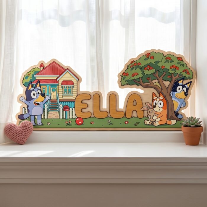 3D Layered Wood Name Sign | Personalized Bluey Nursery Decor | Custom Kids Room Wooden Wall Art - Image 2