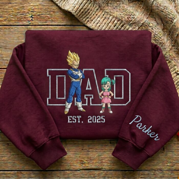 Embroidered Anime Dad Shirt, Sweatshirt, Hoodie with Son & Daughter – Super Saiyan Blue Vegeta, Bulla – Personalized Father & Kids Name, Year - Image 5