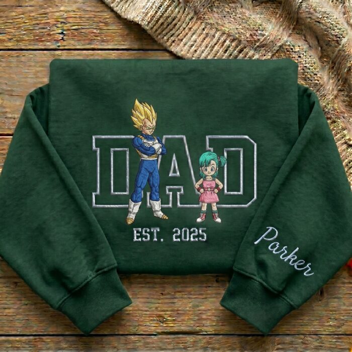 Embroidered Anime Dad Shirt, Sweatshirt, Hoodie with Son & Daughter – Super Saiyan Blue Vegeta, Bulla – Personalized Father & Kids Name, Year - Image 6