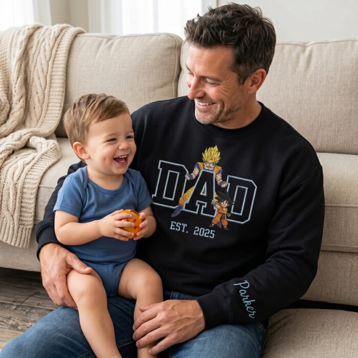 Embroidered Anime Dad Shirt, Sweatshirt, Hoodie – Super Saiyan Style Father & Son | Personalized Name & Year 2 - Image 2
