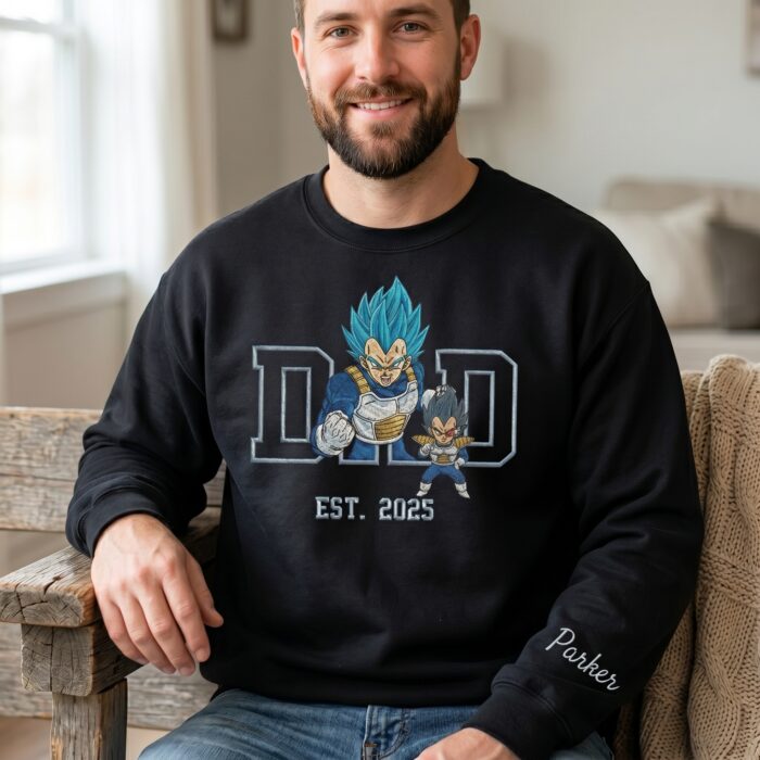 Embroidered Anime Dad Shirt, Sweatshirt, Hoodie – Super Saiyan Blue Vegeta Style Father & Son | Personalized Name & Year - Image 2
