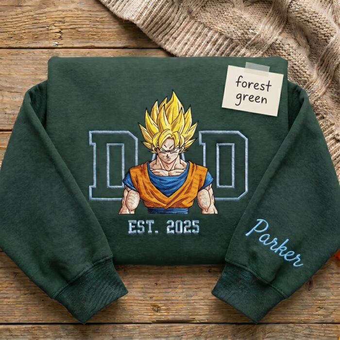 Embroidered Anime Dad Shirt, Sweatshirt, Hoodie – Super Saiyan Style Father & Son | Personalized Name & Year - Image 3