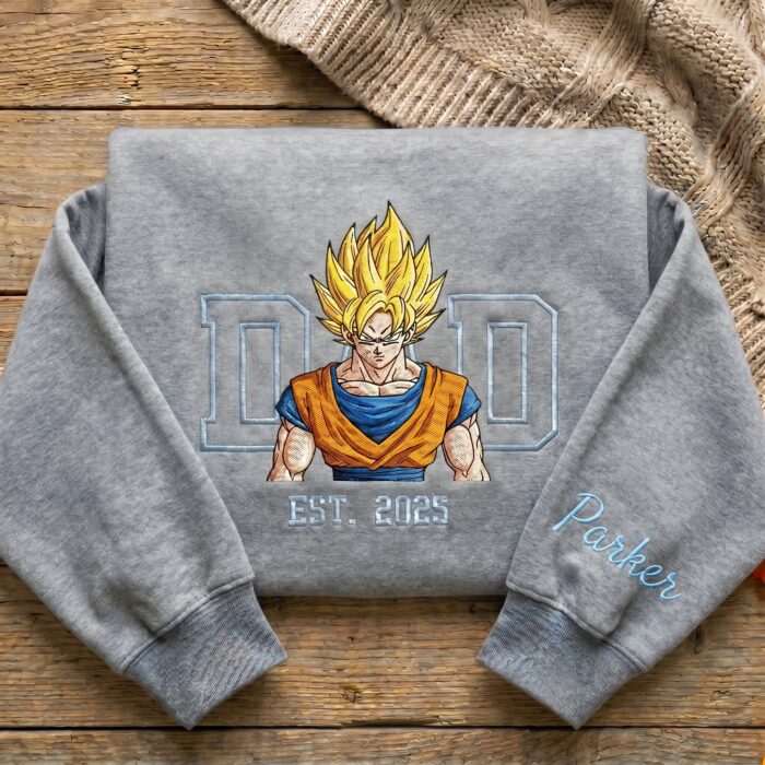 Embroidered Anime Dad Shirt, Sweatshirt, Hoodie – Super Saiyan Style Father & Son | Personalized Name & Year - Image 4