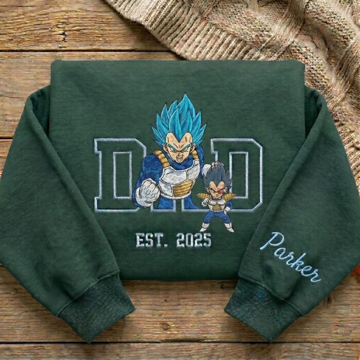 Embroidered Anime Dad Shirt, Sweatshirt, Hoodie – Super Saiyan Blue Vegeta Style Father & Son | Personalized Name & Year - Image 4