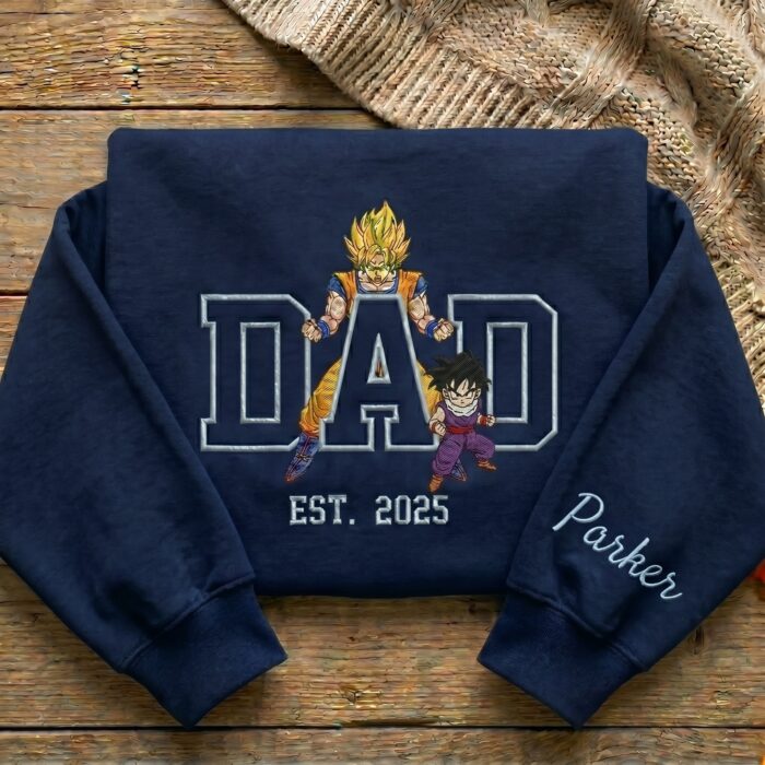 Custom Super Saiyan Dad Shirt, Sweatshirt, Hoodie - Personalized Embroidered Goku & Gohan  Sweatshirt - Father's Day Gift - Image 3
