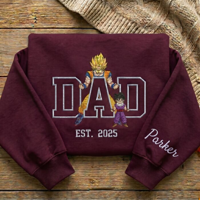 Custom Super Saiyan Dad Shirt, Sweatshirt, Hoodie - Personalized Embroidered Goku & Gohan  Sweatshirt - Father's Day Gift - Image 4