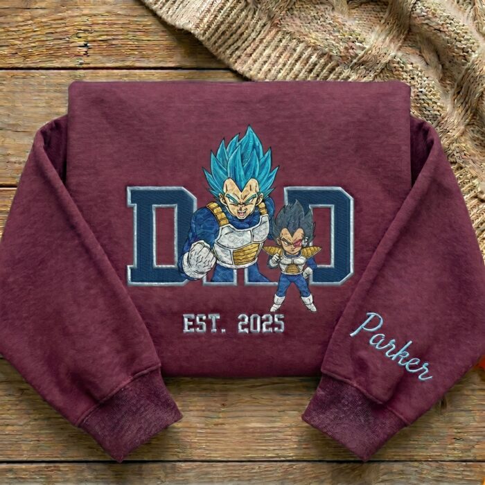 Embroidered Anime Dad Shirt, Sweatshirt, Hoodie – Super Saiyan Blue Vegeta Style Father & Son | Personalized Name & Year - Image 5