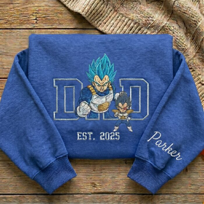 Embroidered Anime Dad Shirt, Sweatshirt, Hoodie – Super Saiyan Blue Vegeta Style Father & Son | Personalized Name & Year - Image 6