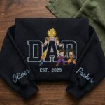 Custom Super Saiyan Dad Shirt, Sweatshirt, Hoodie with 2 Sons - Personalized Embroidered Goku, Gohan & Goten Sweatshirt - Father's Day Gift