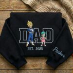 Embroidered Anime Dad Shirt, Sweatshirt, Hoodie with Son & Daughter – Super Saiyan Blue Vegeta, Bulla – Personalized Father & Kids Name, Year - Image 7