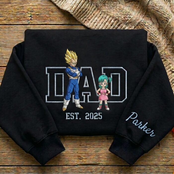 Embroidered Anime Dad Shirt, Sweatshirt, Hoodie with Son & Daughter – Super Saiyan Blue Vegeta, Bulla – Personalized Father & Kids Name, Year - Image 7