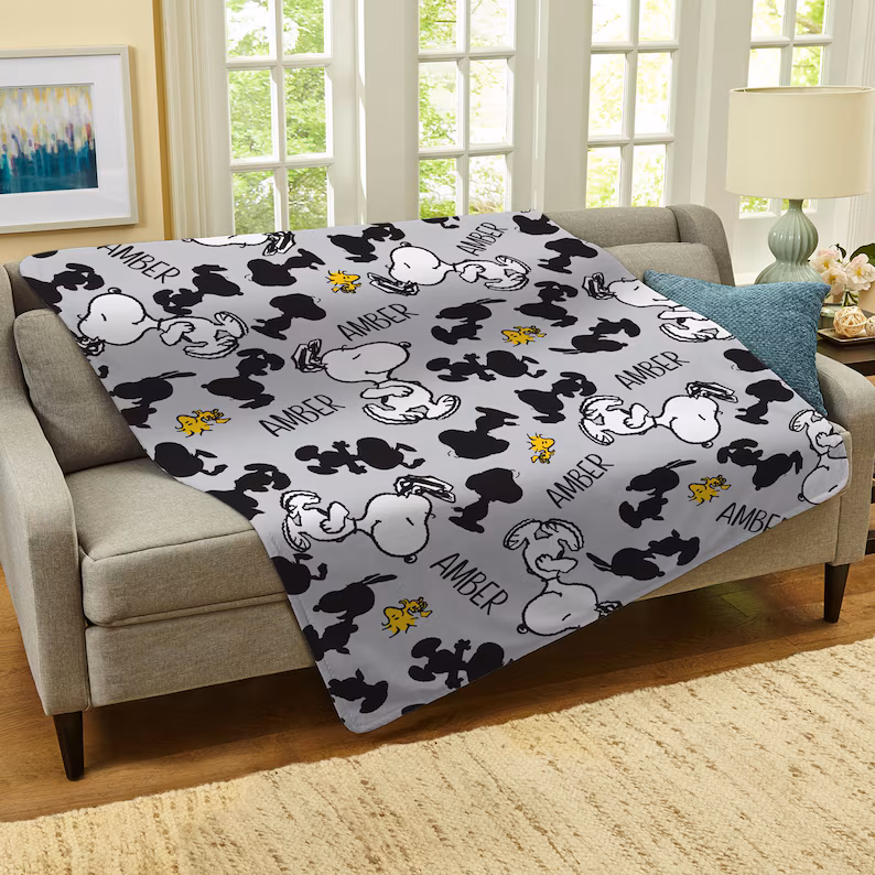 il_794xN.6666168679_as8u Personalized Peanuts All Over Snoopy Pattern Plush Blanket - Snoopy Blanket - Snoopy and Woodstock - Available in 4 Colors - Image 1