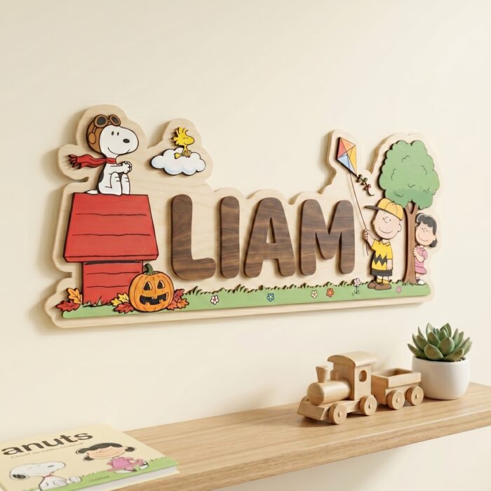 3D Layered Wood Name Sign | Personalized Peanuts Snoopy Nursery Decor | Custom Kids Room Wooden Wall Art - Image 2