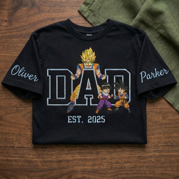 Custom Super Saiyan Dad Shirt, Sweatshirt, Hoodie with 2 Sons - Personalized Embroidered Goku, Gohan & Goten Sweatshirt - Father's Day Gift - Image 6