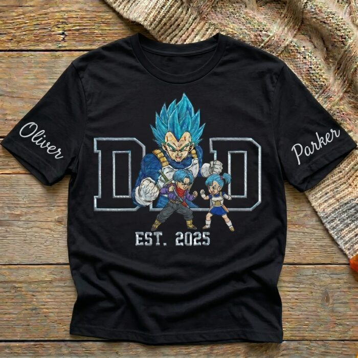 Embroidered Anime Dad Shirt, Sweatshirt, Hoodie with Son & Daughter – Super Saiyan Blue Vegeta, Trunks & Bulla – Personalized Father & Kids Name, Year - Image 6