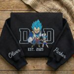 Embroidered Anime Dad Shirt, Sweatshirt, Hoodie with Son & Daughter – Super Saiyan Blue Vegeta, Trunks & Bulla – Personalized Father & Kids Name, Year