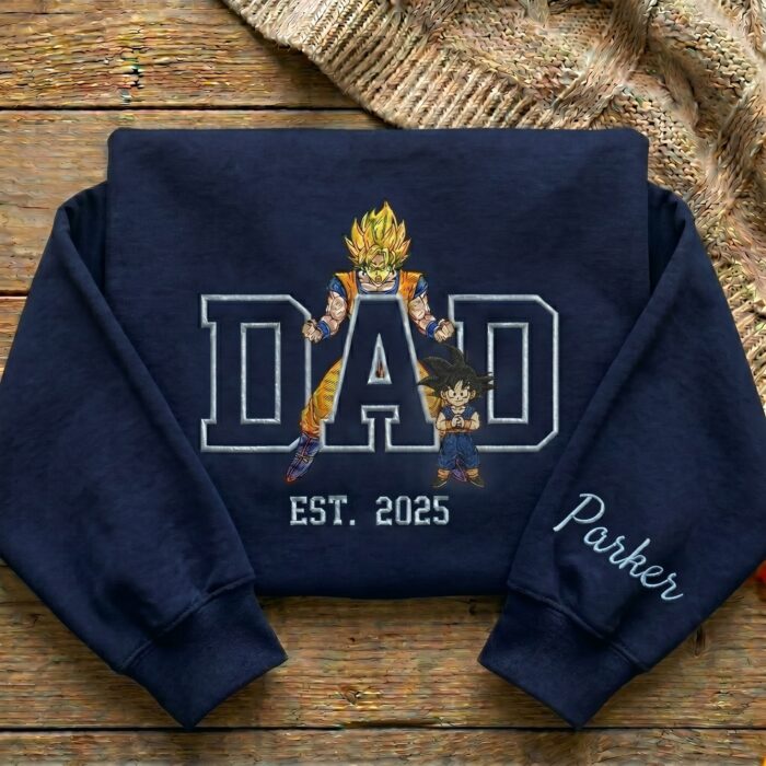 Custom Super Saiyan Dad Shirt, Sweatshirt, Hoodie - Personalized Embroidered Goku & Goten Sweatshirt - Father's Day Gift - Image 2