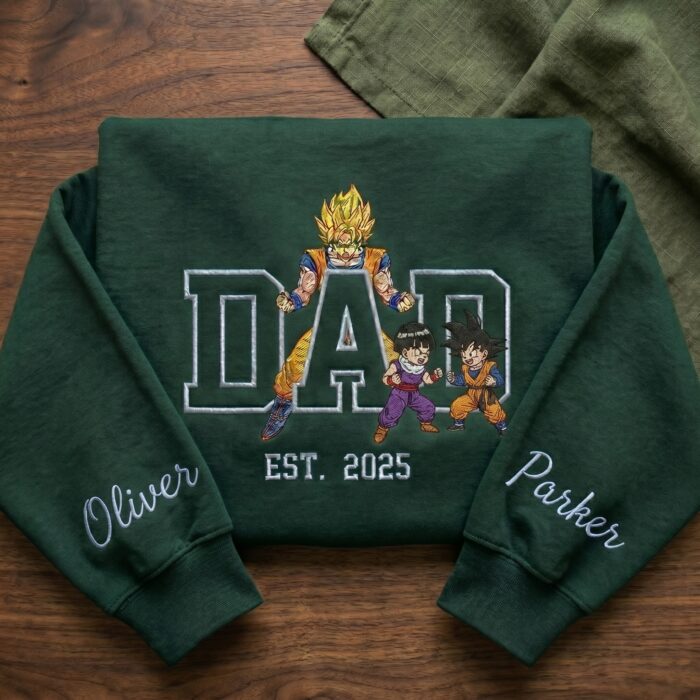 Custom Super Saiyan Dad Shirt, Sweatshirt, Hoodie with 2 Sons - Personalized Embroidered Goku, Gohan & Goten Sweatshirt - Father's Day Gift - Image 4