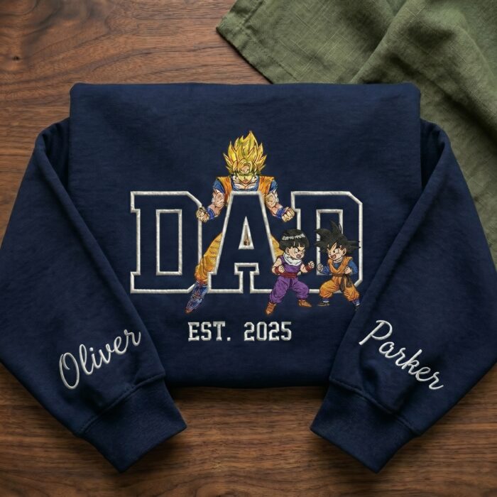 Custom Super Saiyan Dad Shirt, Sweatshirt, Hoodie with 2 Sons - Personalized Embroidered Goku, Gohan & Goten Sweatshirt - Father's Day Gift - Image 3