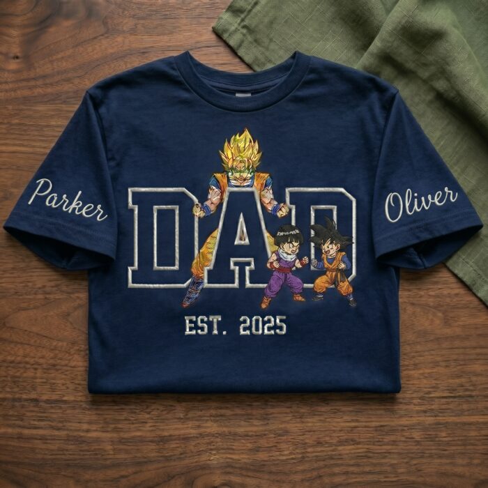 Custom Super Saiyan Dad Shirt, Sweatshirt, Hoodie with 2 Sons - Personalized Embroidered Goku, Gohan & Goten Sweatshirt - Father's Day Gift - Image 7