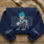 Embroidered Anime Dad Shirt, Sweatshirt, Hoodie with Son & Daughter – Super Saiyan Blue Vegeta, Trunks & Bulla – Personalized Father & Kids Name, Year - Image 2