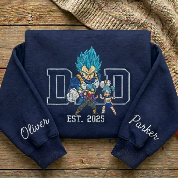 Embroidered Anime Dad Shirt, Sweatshirt, Hoodie with Son & Daughter – Super Saiyan Blue Vegeta, Trunks & Bulla – Personalized Father & Kids Name, Year - Image 2