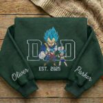 Embroidered Anime Dad Shirt, Sweatshirt, Hoodie with Son & Daughter – Super Saiyan Blue Vegeta, Trunks & Bulla – Personalized Father & Kids Name, Year - Image 4