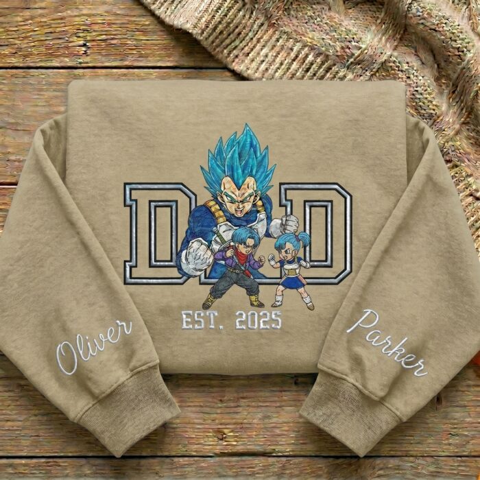 Embroidered Anime Dad Shirt, Sweatshirt, Hoodie with Son & Daughter – Super Saiyan Blue Vegeta, Trunks & Bulla – Personalized Father & Kids Name, Year - Image 3