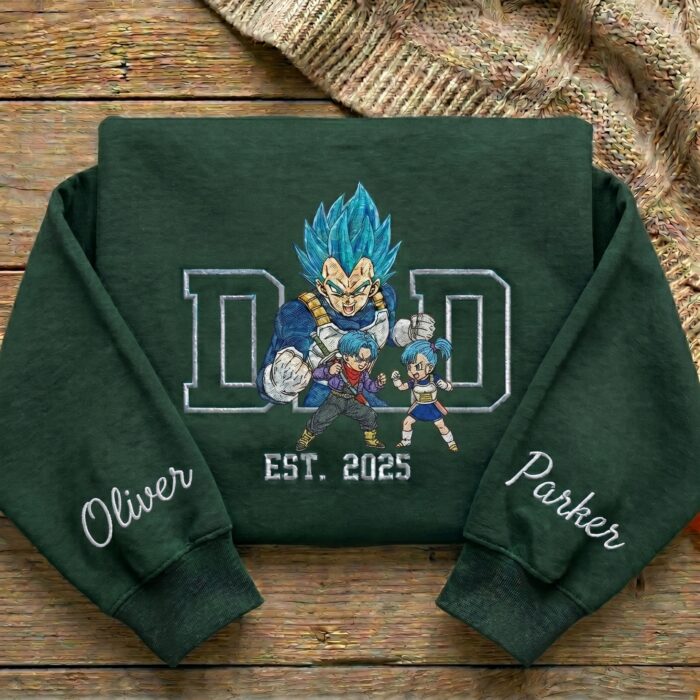Embroidered Anime Dad Shirt, Sweatshirt, Hoodie with Son & Daughter – Super Saiyan Blue Vegeta, Trunks & Bulla – Personalized Father & Kids Name, Year - Image 4