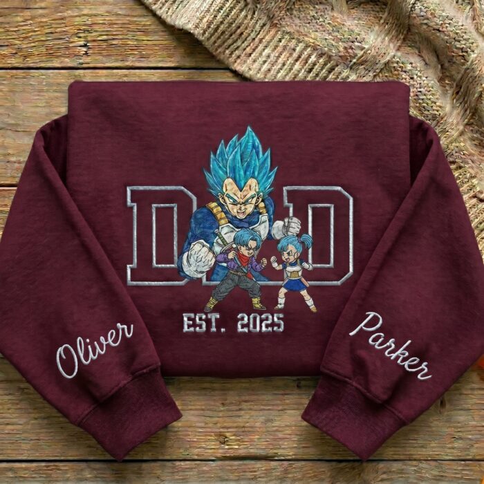 Embroidered Anime Dad Shirt, Sweatshirt, Hoodie with Son & Daughter – Super Saiyan Blue Vegeta, Trunks & Bulla – Personalized Father & Kids Name, Year - Image 5