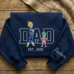 Embroidered Anime Dad Shirt, Sweatshirt, Hoodie with Son & Daughter – Super Saiyan Blue Vegeta, Bulla – Personalized Father & Kids Name, Year