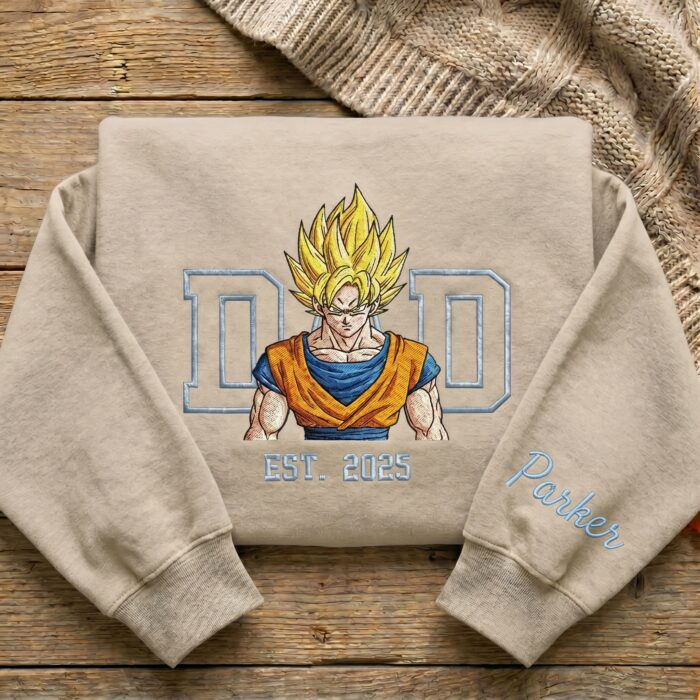 Embroidered Anime Dad Shirt, Sweatshirt, Hoodie – Super Saiyan Style Father & Son | Personalized Name & Year - Image 5
