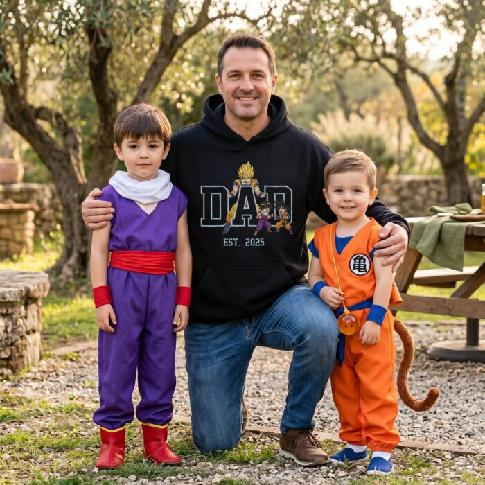 Custom Super Saiyan Dad Shirt, Sweatshirt, Hoodie with 2 Sons - Personalized Embroidered Goku, Gohan & Goten Sweatshirt - Father's Day Gift - Image 2