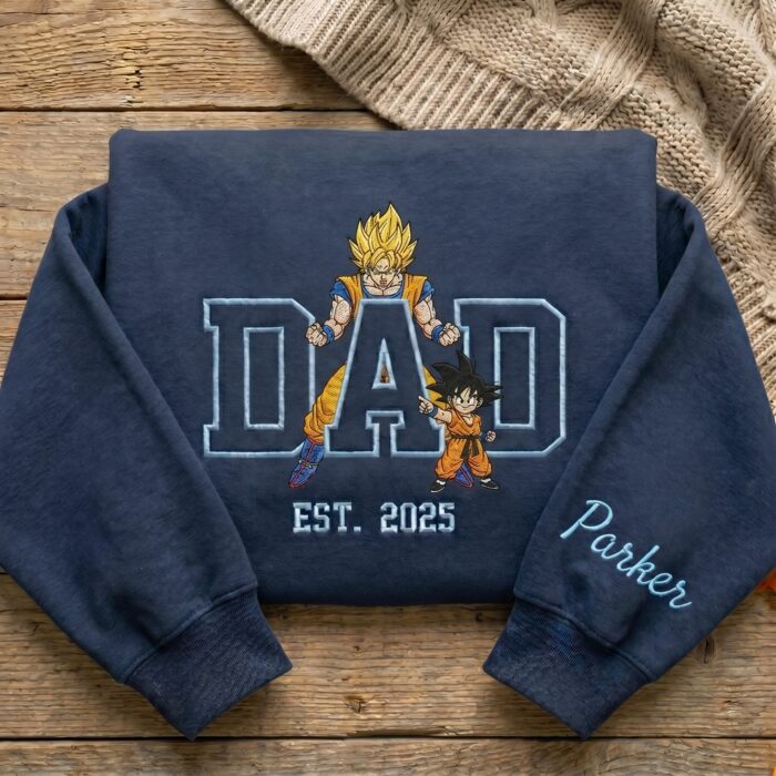 Embroidered Anime Dad Shirt, Sweatshirt, Hoodie – Super Saiyan Style Father & Son | Personalized Name & Year - Image 6