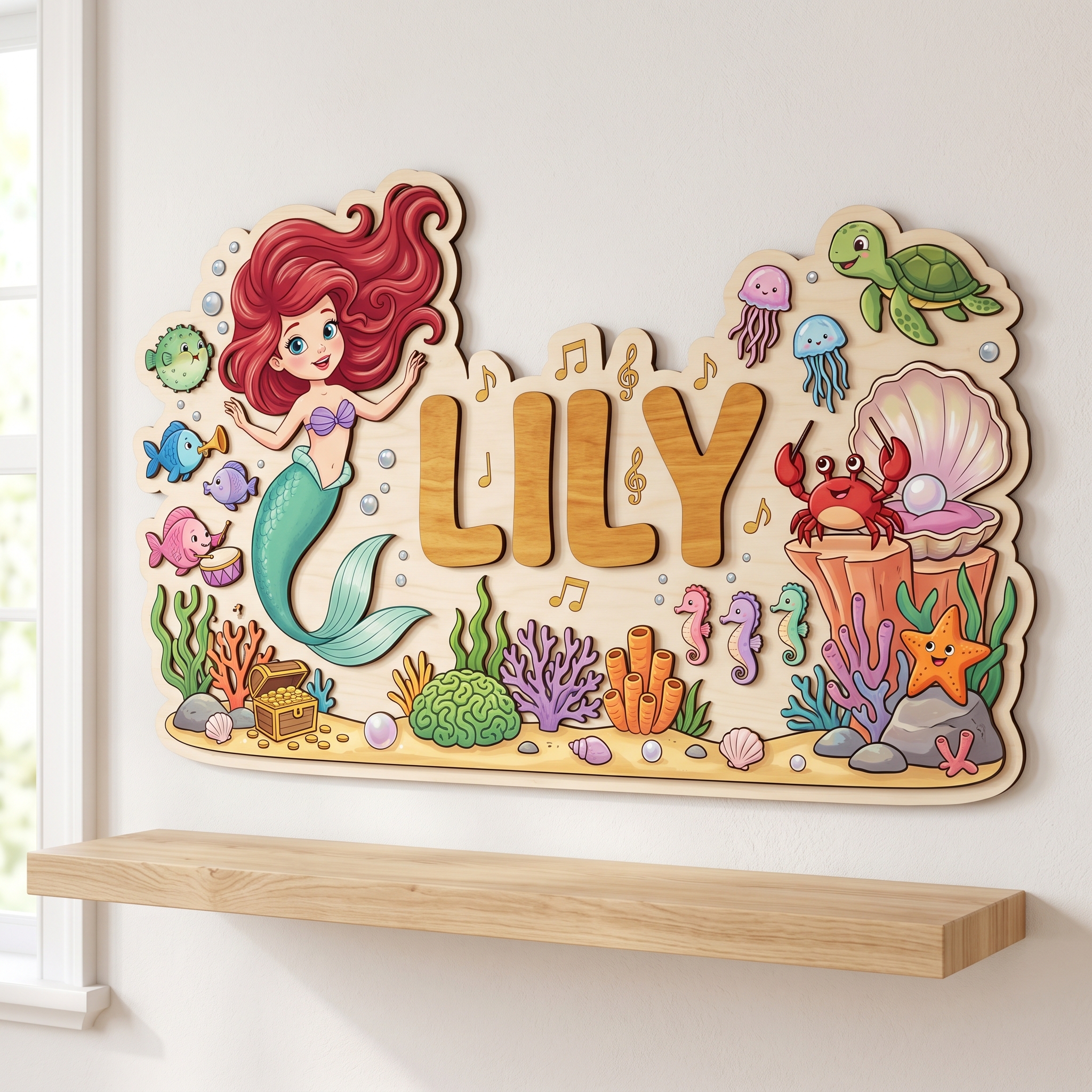 A_2-layer_laser-cut_wooden_name_202606051459 3D Layered Wood Name Sign | Personalized The Little Mermaid | Custom Kids Room Wooden Wall Art - Image 1