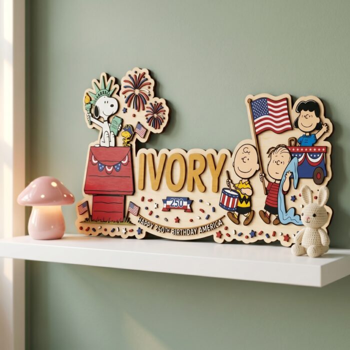 3D Layered Wood Name Sign | Personalized Peanuts Snoopy America 250th Anniversary Nursery Decor  | Custom Kids Room Wooden Wall Art - Image 2